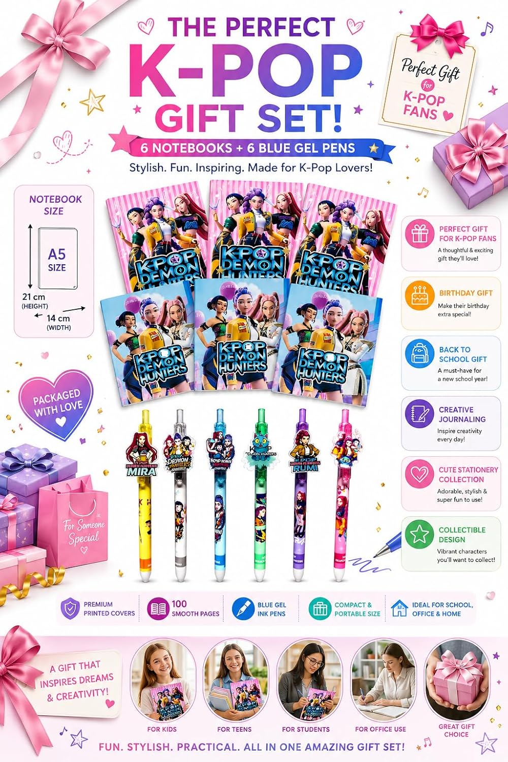 K-Pop Stationery Set, 6 Notebooks with 100 Pages Each and 6 Smooth Gel Pens, Gift for Students and Fans