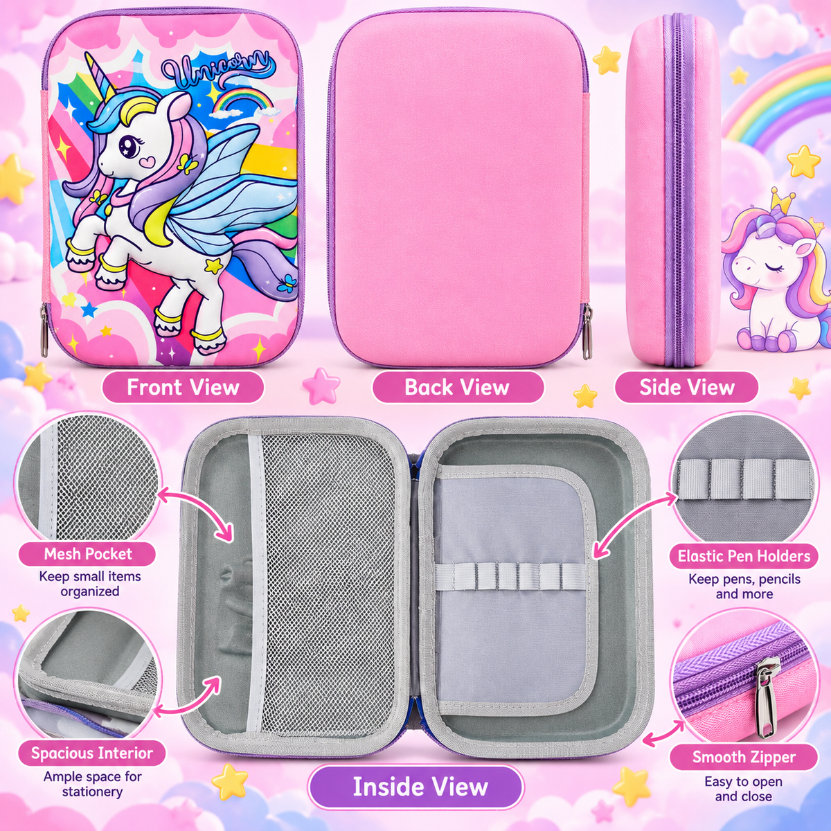 Unicorn Pencil Pouch for Girls – Pink Unicorn Pencil Case with Mesh Pocket & Pen Holders