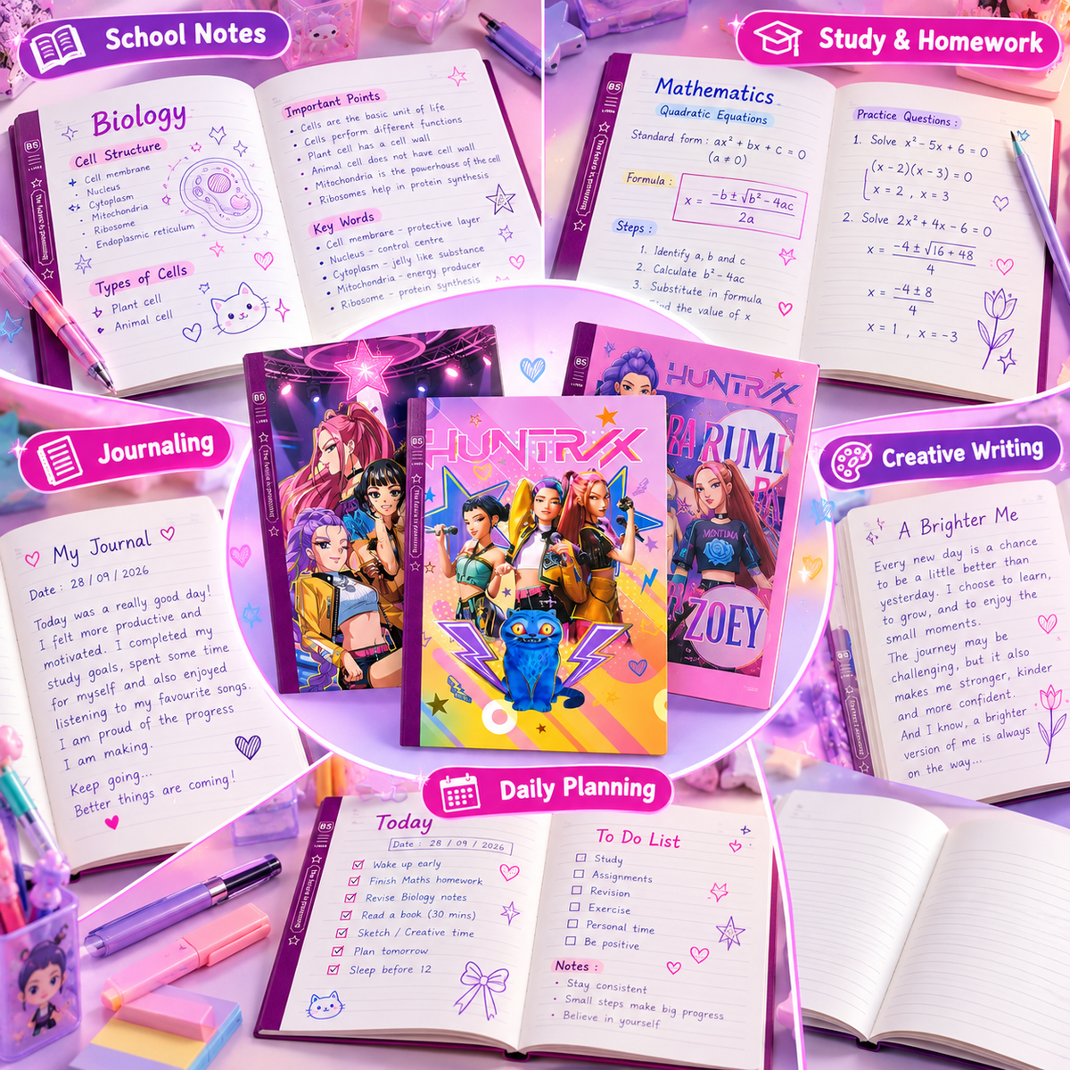 K POP Demon Hunters B5 Notebook – 80 Ruled Pages, 25 x 18 cm, Stylish Notebook for Girls, Kids & Teens, School, Study, Journaling & Daily Writing – 1 Random Design