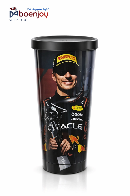 Racing Driver Printed Travel Mug with Lid – 500 ml Reusable Coffee Tumbler | Plastic Outer & Steel Inner | Leakproof Coffee Cup for Office, Car & Travel – Black