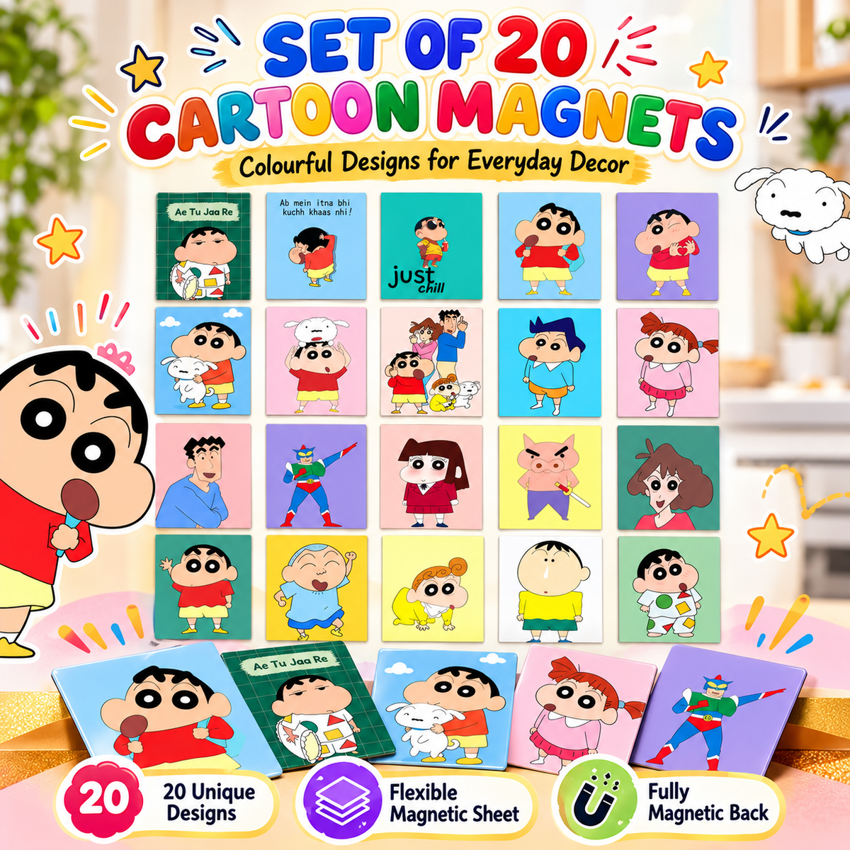 Shinchan Kids Fridge Magnet Set, Refrigerator Magnets | Fun Collectible Gift & Home Décor (Pack of 20) 4x5 cm