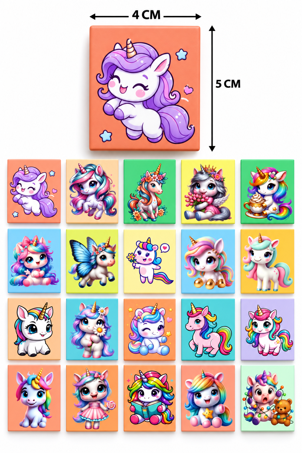 Cute Unicorn Fridge Magnets Set of 20 | Rectangular Character Magnets | Decorative Kitchen, Whiteboard, Locker Accessories | Strong Magnet for Kids & Home Dcor (4x5 cm)