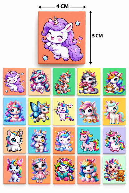 Cute Unicorn Fridge Magnets Set of 20 | Rectangular Character Magnets | Decorative Kitchen, Whiteboard, Locker Accessories | Strong Magnet for Kids & Home Dcor (4x5 cm)