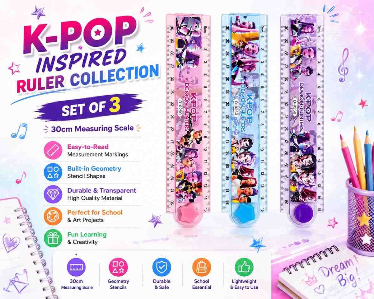 KPOP Demon Hunters Ruler Set of 3 | 30cm Transparent Scale with Geometry Stencil | Rumi, Mira & Zoey Character Design | School Stationery for Kids