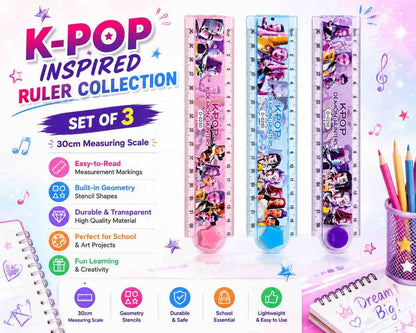KPOP Demon Hunters Ruler Set of 3 | 30cm Transparent Scale with Geometry Stencil | Rumi, Mira & Zoey Character Design | School Stationery for Kids
