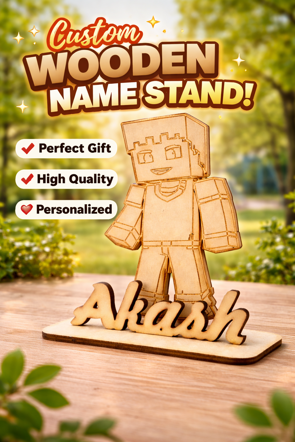 Custom Wooden Name Standy with Minecraft Character Design | Personalized Desk Decor | Unique Gift for Kids, Gamers & Home Decoration