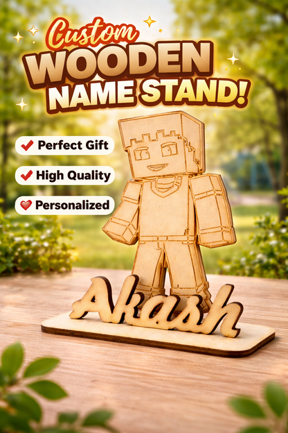 Custom Wooden Name Standy with Minecraft Character Design | Personalized Desk Decor | Unique Gift for Kids, Gamers & Home Decoration