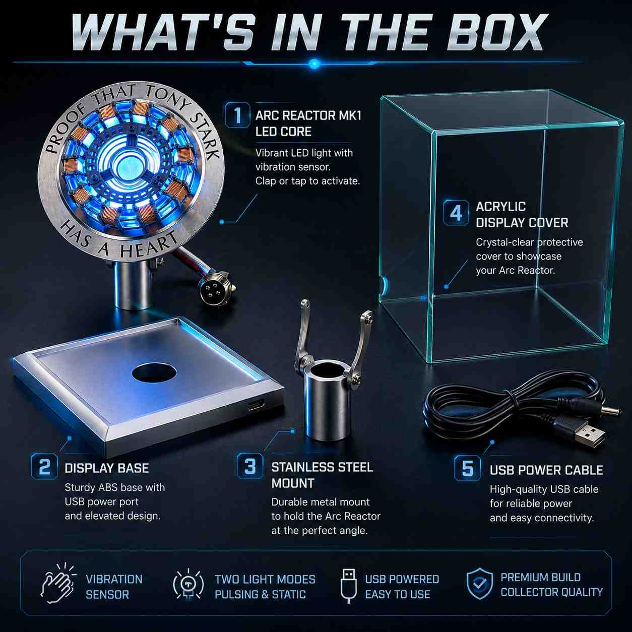 Iron Man Arc Reactor MK1 – Proof That Tony Stark Has A Heart LED Display with Acrylic Case | Vibration Sensor Collectible Replica