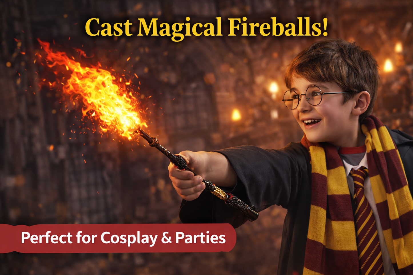 Harry Potter Magic Wand with Fire Effect | Wizard Fire Spitting Wand Costume Prop | Fireball Magic Wand for Party & Halloween | Gift Packaging with Manual | Dumbledore Style Wan