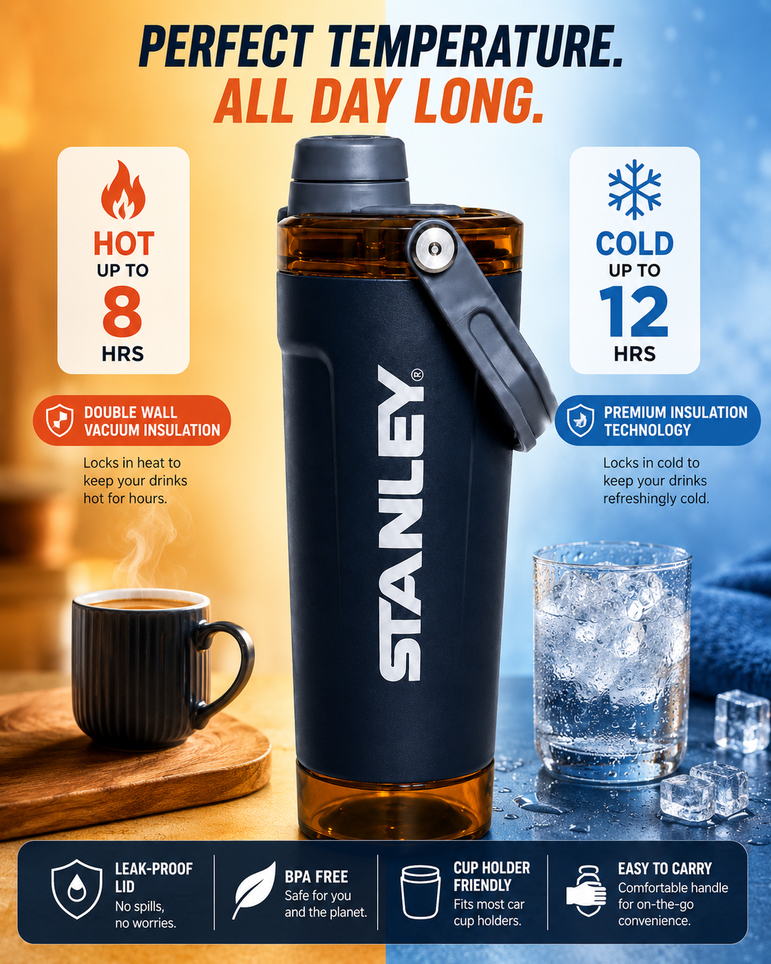 Stanley Water Bottle with Flip Lid, Removable Strainer & Foldable Carry Handle 600ml – Random Colour( Cod Not Available)