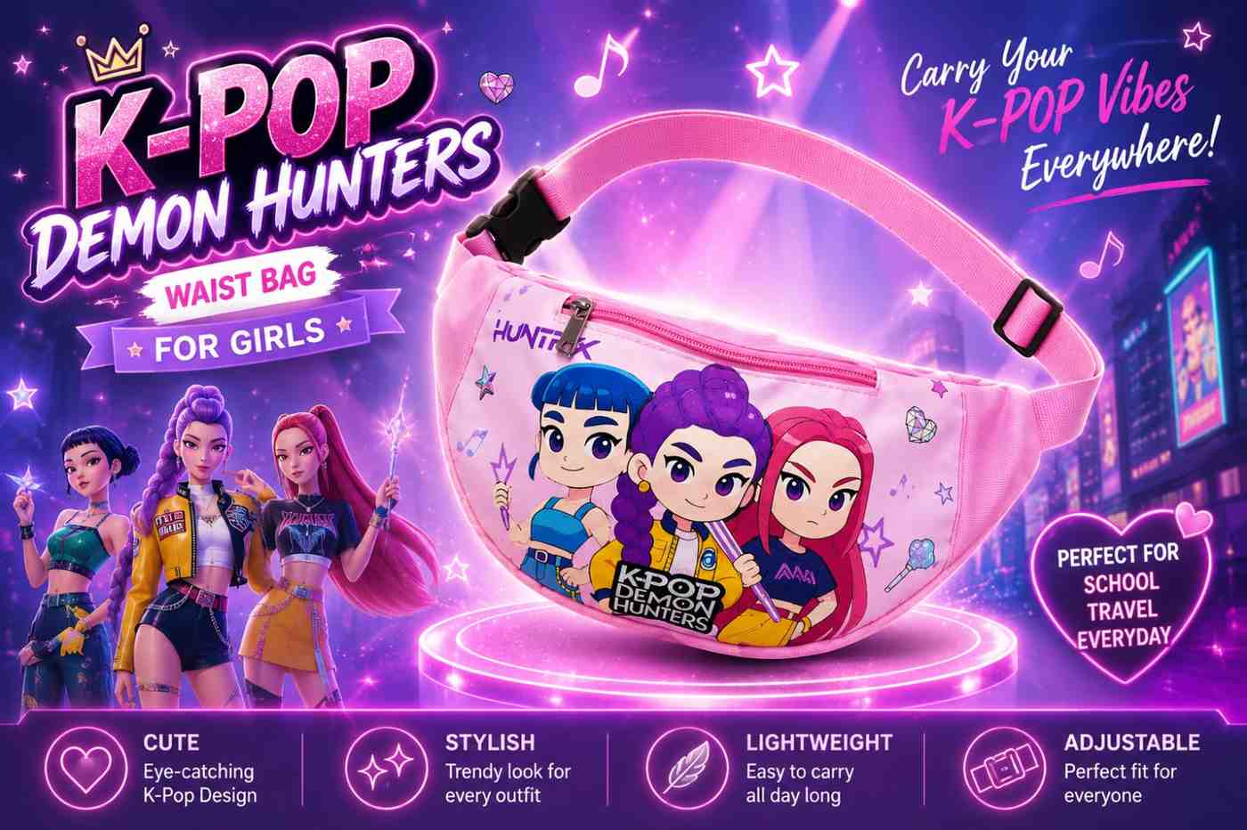 K-Pop Demon Hunters Waist Bag for Girls – Rumi, Mira & Zoey Cartoon Crossbody Sling Bag, Adjustable Travel Fanny Pack