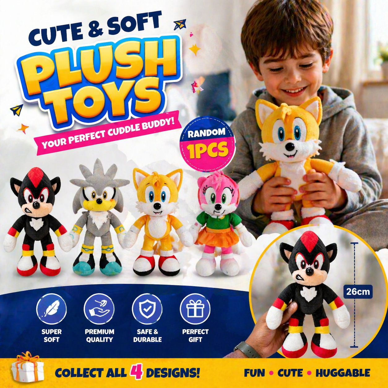 Sonic Plush Toy Set – Shadow, Silver, Tails & Amy Rose Soft Toys (Random 1 PCS) | 26 cm Cute Cartoon Stuffed Toy for Kids