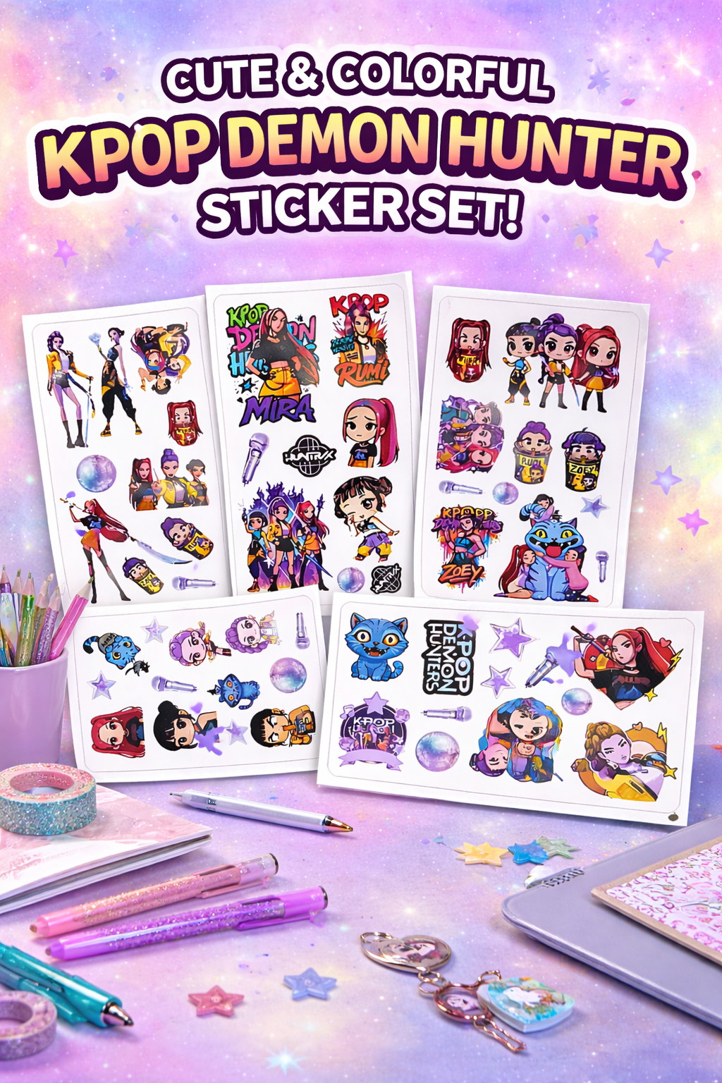 K-Pop Demon Hunters Stickers – 5 Sheets Cute Anime Kpop Girl Sticker Pack | Aesthetic Waterproof Stickers for Laptop, Phone, Journal, Scrapbook (50+ Stickers)