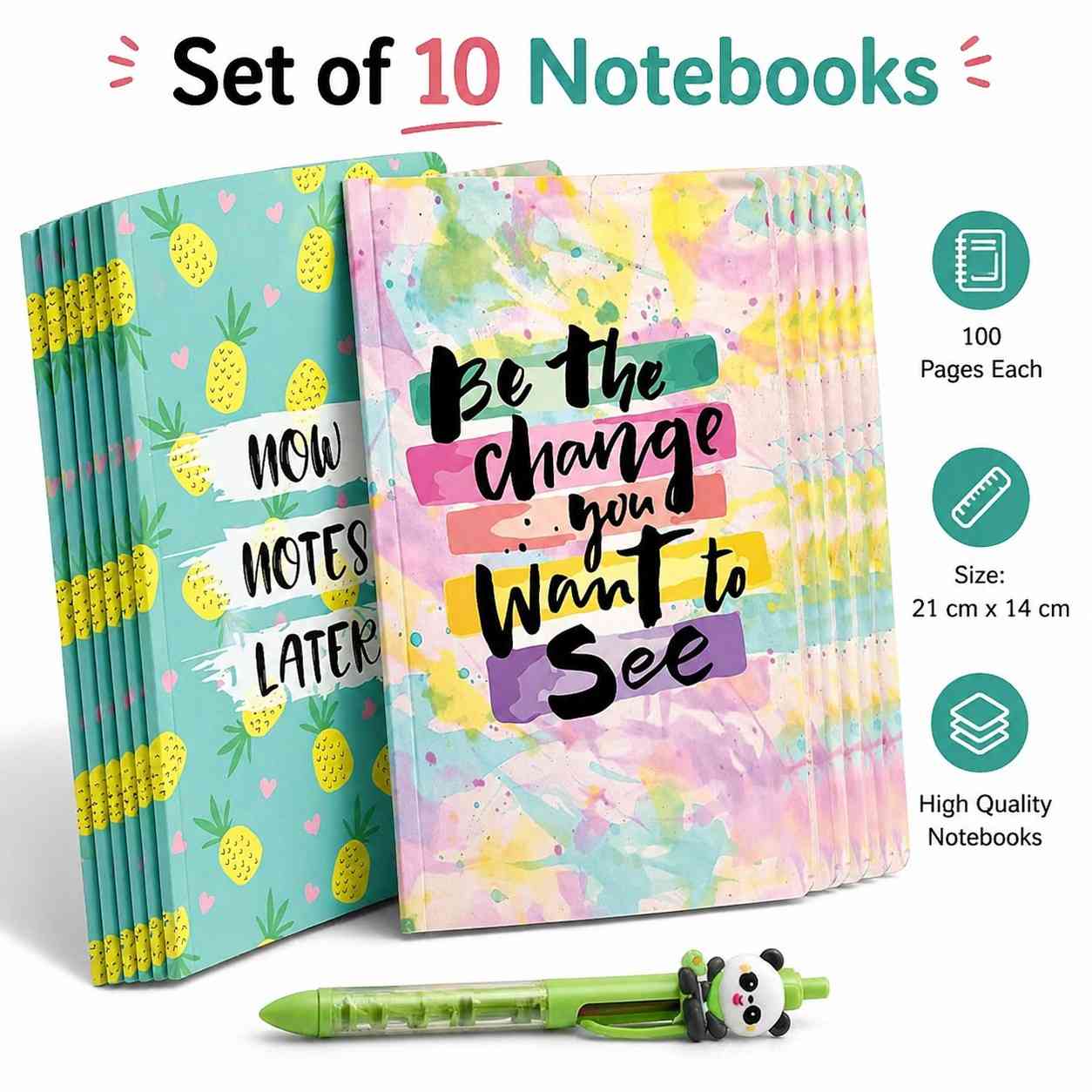 Set of 10 A5 Notebooks (21x14 cm) with Cartoon Pen | 100 Pages Each | Cute Aesthetic Designs | School, College & Office Use (COD NOT AVAILABLE)