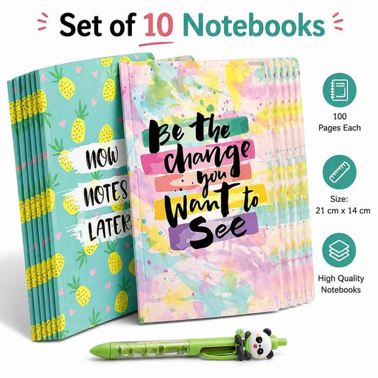 Set of 10 A5 Notebooks (21x14 cm) with Cartoon Pen | 100 Pages Each | Cute Aesthetic Designs | School, College & Office Use (COD NOT AVAILABLE)