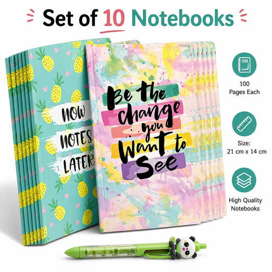 Set of 10 A5 Notebooks (21x14 cm) with Cartoon Pen | 100 Pages Each | Cute Aesthetic Designs | School, College & Office Use