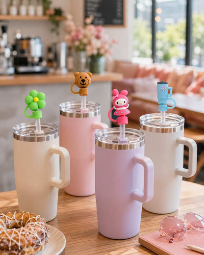 Silicone Straw Cover Caps Set of 4 for Tumblers | Cute Random Character Straw Toppers