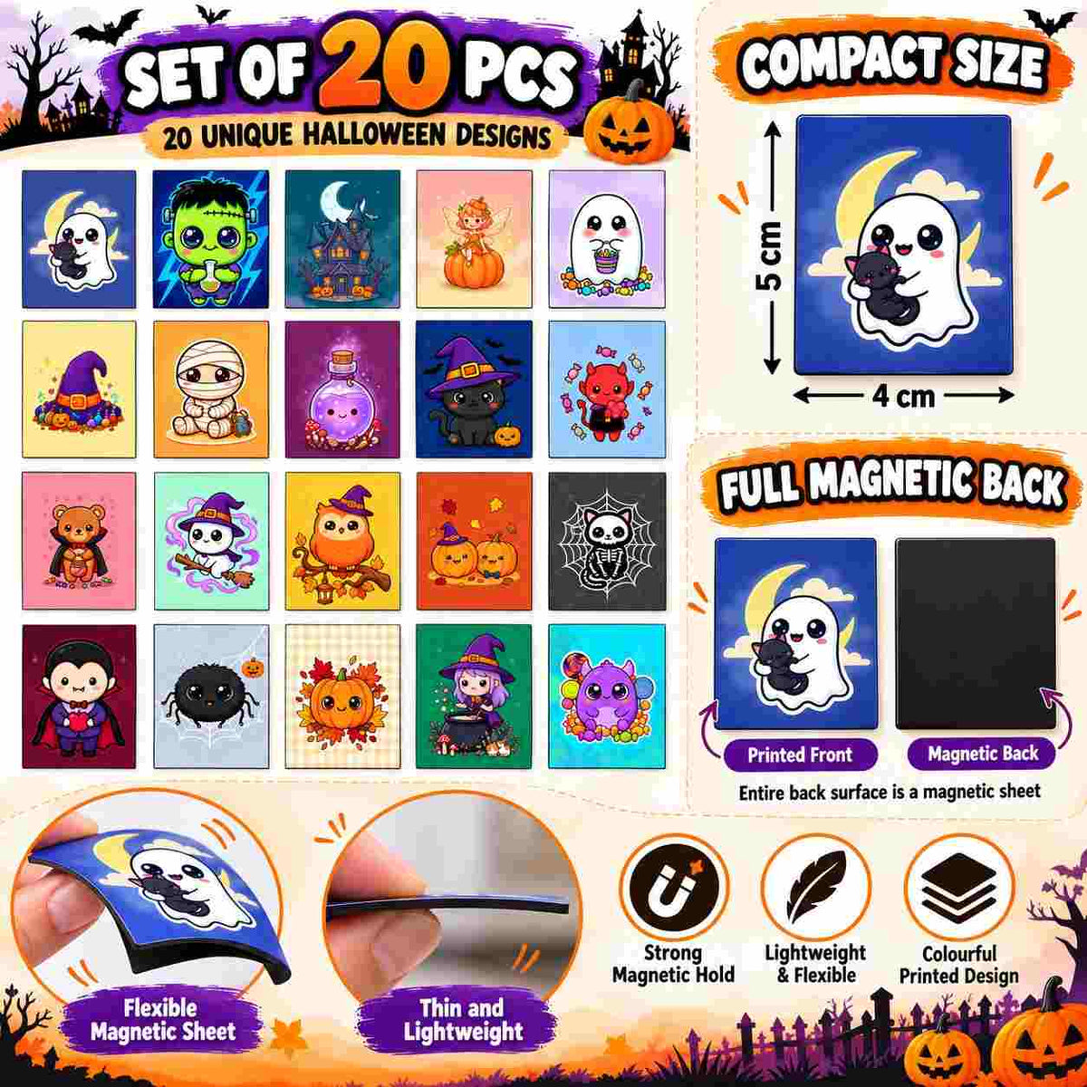Halloween Fridge Magnets Set of 20 Pcs | Cute Cartoon Ghost Pumpkin Witch Magnets | 5 × 4 cm