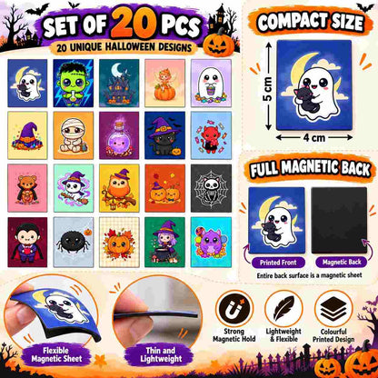 Halloween Fridge Magnets Set of 20 Pcs | Cute Cartoon Ghost Pumpkin Witch Magnets | 5 × 4 cm