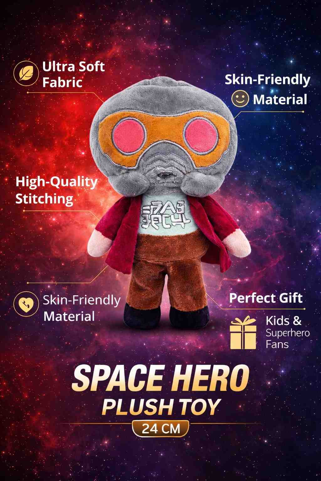 Star-Lord Inspired Plush Toy 24 CM – Space Hero Soft Stuffed Doll | Premium Quality Fabric | Cute Gift for Kids, Boys, Girls & Superhero Fans