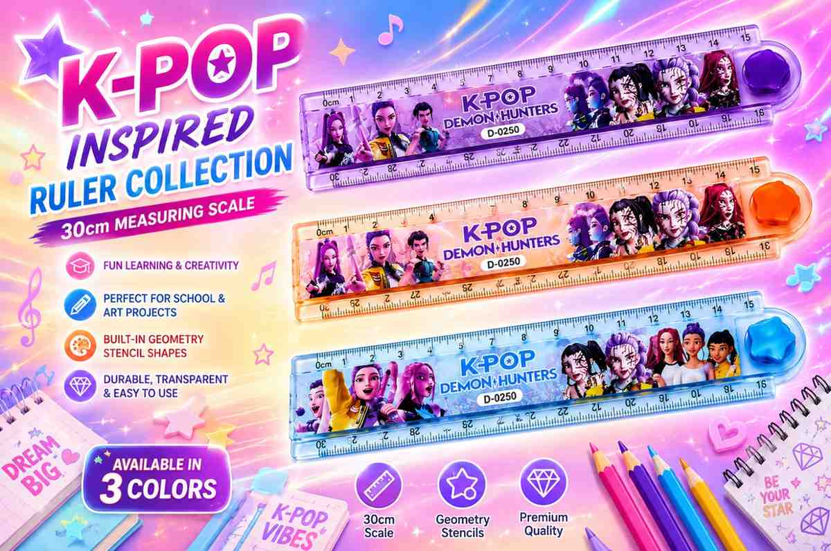 KPOP Demon Hunters Ruler Set of 3 | 30cm Transparent Scale with Geometry Stencil | Rumi, Mira & Zoey Character Design | School Stationery for Kids
