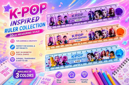 KPOP Demon Hunters Ruler Set of 3 | 30cm Transparent Scale with Geometry Stencil | Rumi, Mira & Zoey Character Design | School Stationery for Kids