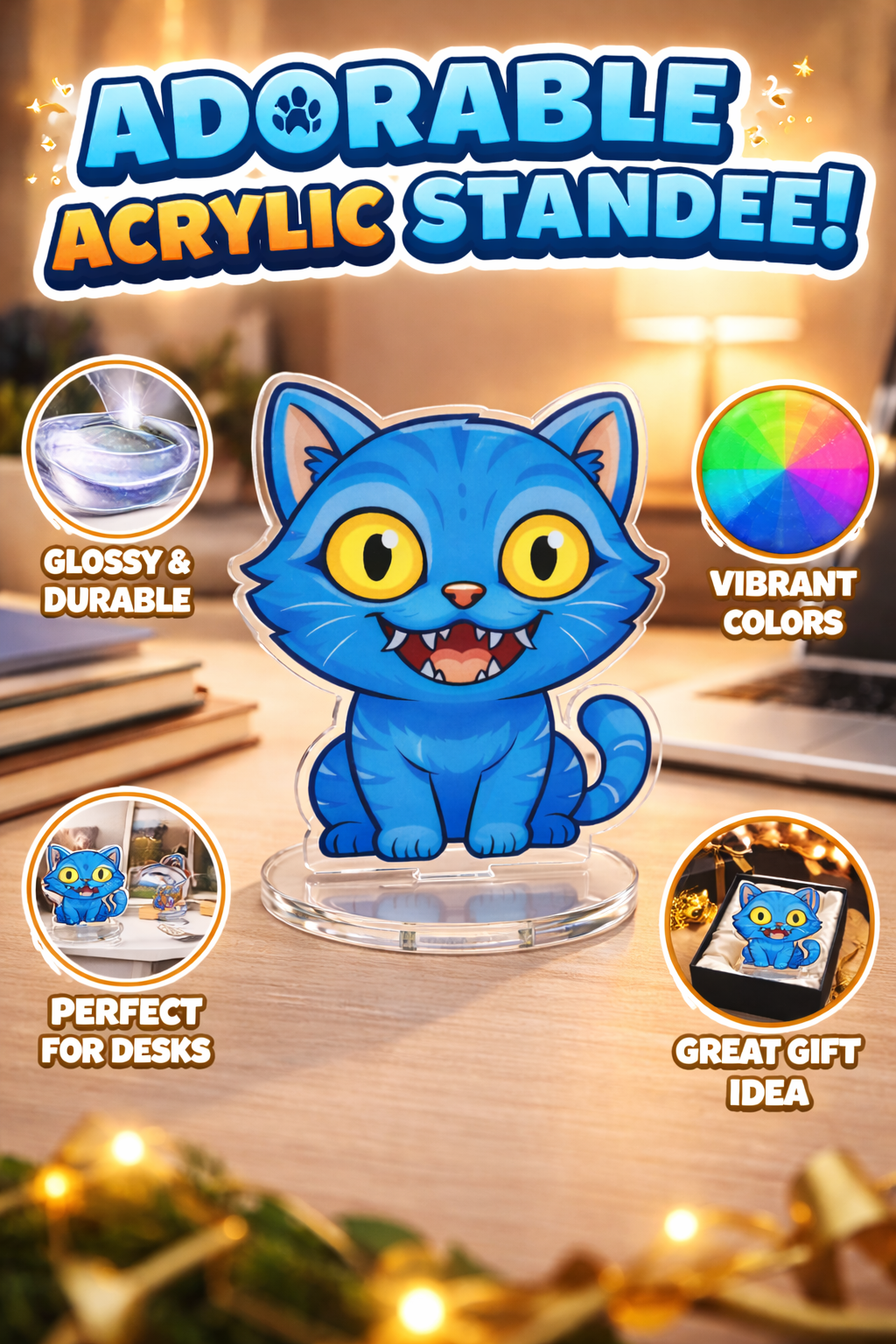 Demon Hunter Cartoon Cat Acrylic Standee | Premium Transparent Desk Decor | Kawaii Animal Mini Figure | Home Office Decoration | Gift for Kids & Cat Lovers (15cm x 8cm)