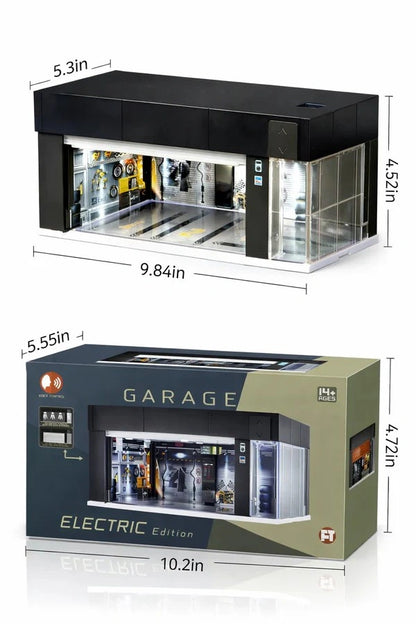 Diecast Car Display Garage 1:64 Scale with LED Lighting & Voice Control | Stackable Storage Case with 3 Changeable Diorama Scenes (Black)
