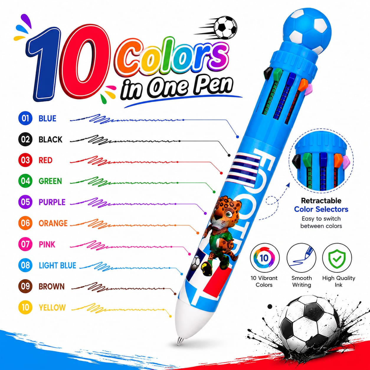 Football Theme 10-in-1 Multicolor Pen Set (Pack of 3) | Retractable 10 Color Ball Pens for Boys & Girls