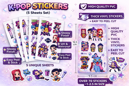 K-Pop Demon Hunters Stickers – 5 Sheets Cute Anime Kpop Girl Sticker Pack | Aesthetic Waterproof Stickers for Laptop, Phone, Journal, Scrapbook (50+ Stickers)