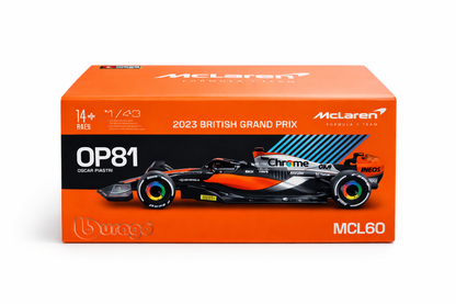 McLaren MCL60 OP81 1:43 Scale Model Car by Bburago | 2023 British Grand Prix Edition | Oscar Piastri F1 Diecast Car | Collectible Racing Car Model
