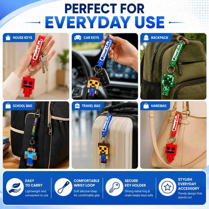 Minecraft Inspired Silicone Wrist Keychain Set of 4 | Steve, Creeper, Herobrine & Redstone Character Keychain | Premium Silicone Wrist Strap Key Holder for Keys, Bags & Backpacks