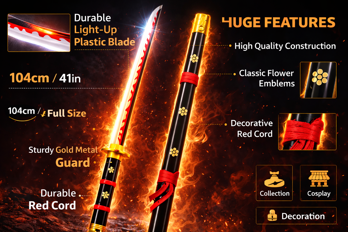 Buy LED Light Katana Sword with plastic blade and wooden handle. 104cm decorative samurai sword perfect for cosplay, anime fans, display and collection.(White Light)