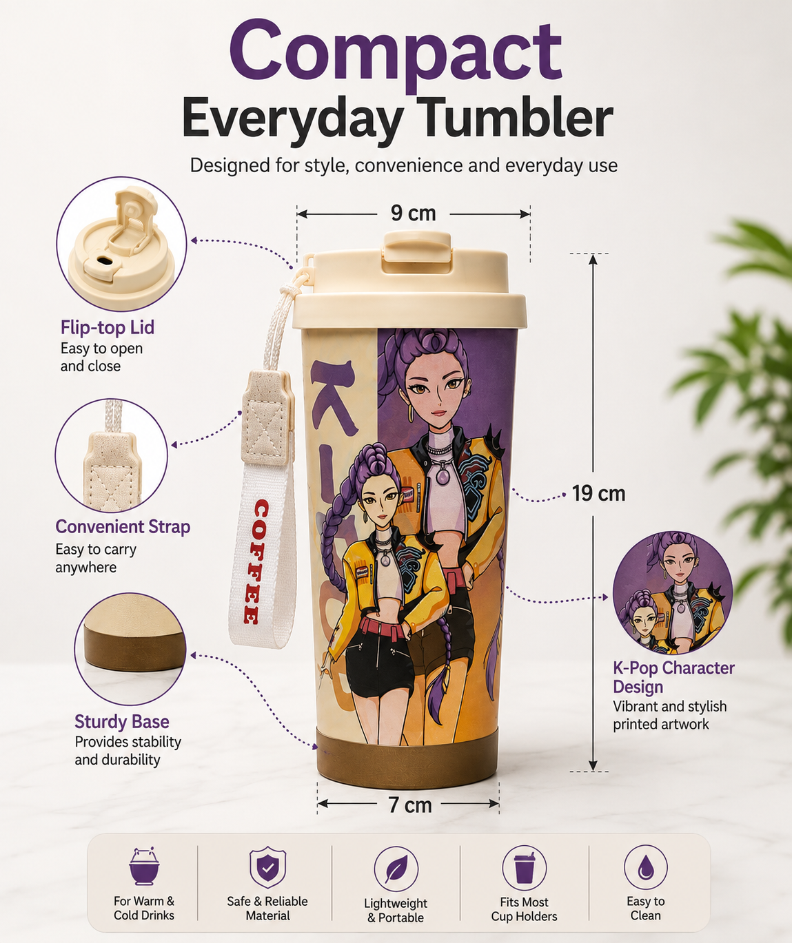 K-Pop Demon Hunters Printed Compact Tumbler with Flip-Top Lid & Carry Strap – 19 cm Portable Travel Cup for Hot & Cold Drinks