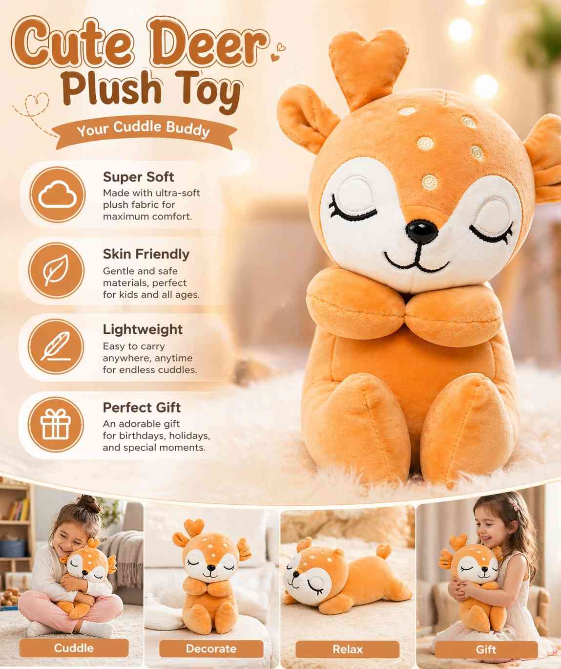 Lumi the Sleepy Deer Plush Toy – Soft Cute Stuffed Animal for Kids, Baby & Gift (28cm Cuddle Buddy)Random 1 pcs