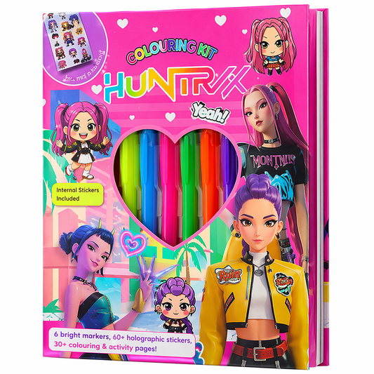 K POP Demon Hunters Colouring Kit for Kids – 6 Color Markers, 60+ Holographic Stickers, 30+ Activity Pages | Creative Art & Craft Gift Set