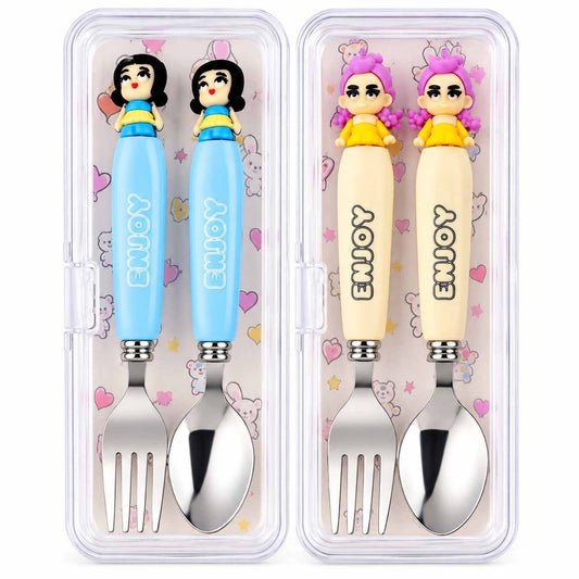 K POP Demon Hunters Spoon & Fork Set for Kids, Girls & Women – Rumi & Meera Character Design, 2 Sets 4 Pieces, Cute Reusable Cutlery with Storage Case
