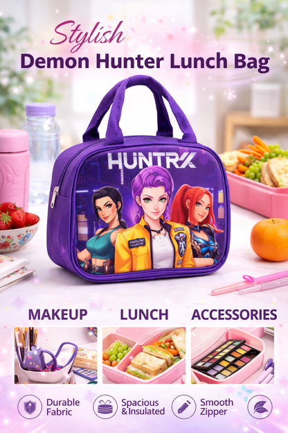 K POP  Demon Hunters Lunch Bag for Kids Girls – Stylish Insulated Handbag, Durable Fabric, Spacious Zipper Compartment, Lightweight Lunch Box (Pink & Purple) – Random 1 Pc
