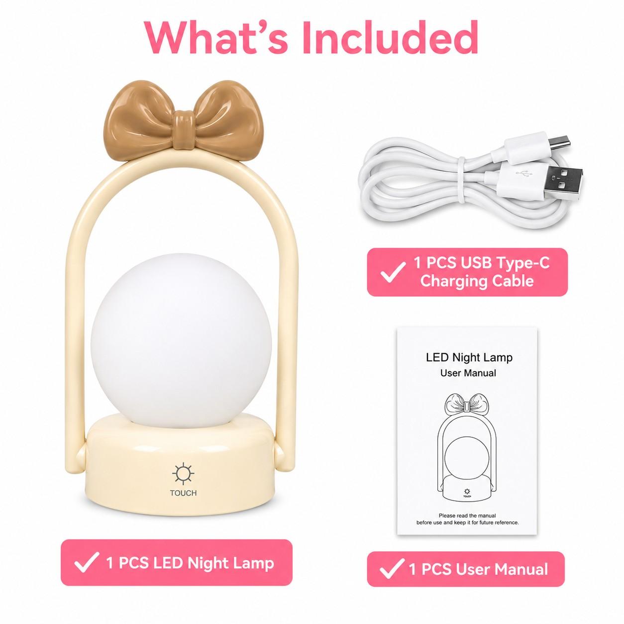 LED Bow Night Lamp Rechargeable Touch Control Bedside Lamp | Random 1 Design | Cute Portable Night Light for Kids Bedroom Nursery