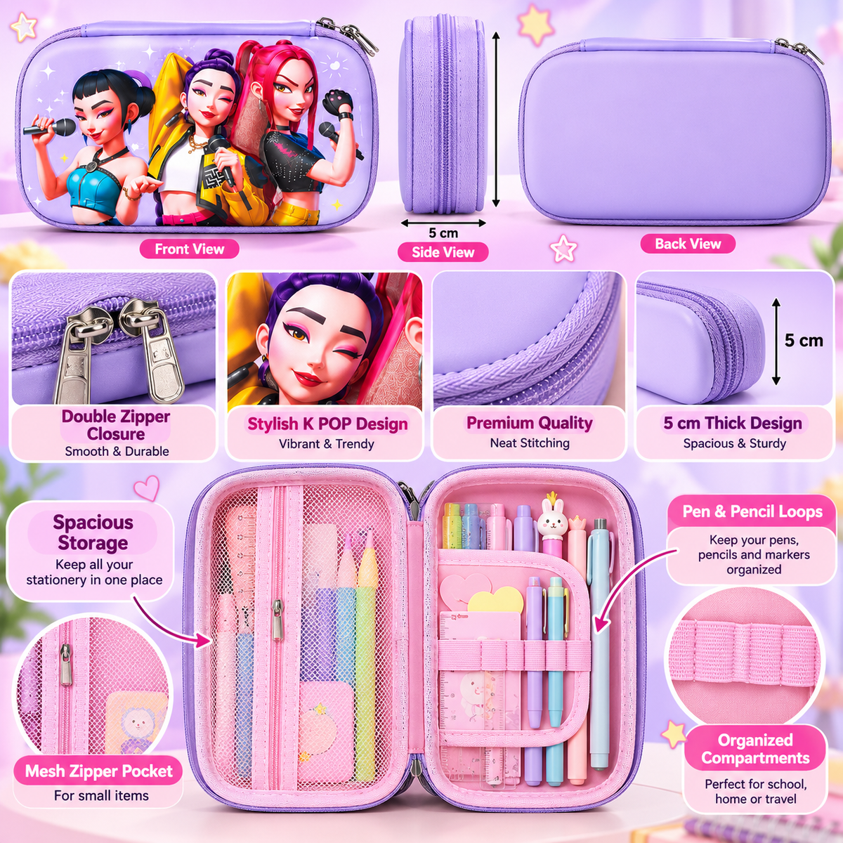 K POP Demon Hunters Pencil Pouch for Kids & Girls | Large Capacity Pencil Case with Double Zipper, Mesh Pocket & Pen Loops | 22.5 × 14 × 5 cm (Random 1 Pc)