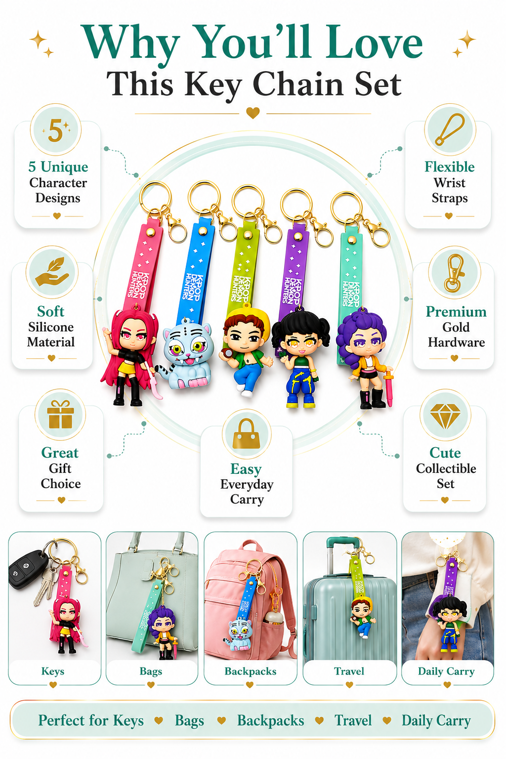 K POP Demon Hunters Key Chain Set of 4 Demon Character Keychains – Rumi, Mira, Zoey & Luna | Cute Anime Key Ring for Girls | Rubber Pendant Bag Charm | Stylish Gift for Kids & Women Random charactors