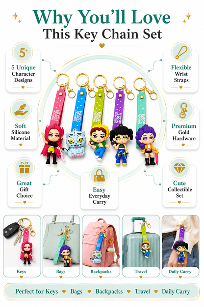 K POP Demon Hunters Key Chain Set of 4 Demon Character Keychains – Rumi, Mira, Zoey & Luna | Cute Anime Key Ring for Girls | Rubber Pendant Bag Charm | Stylish Gift for Kids & Women Random charactors