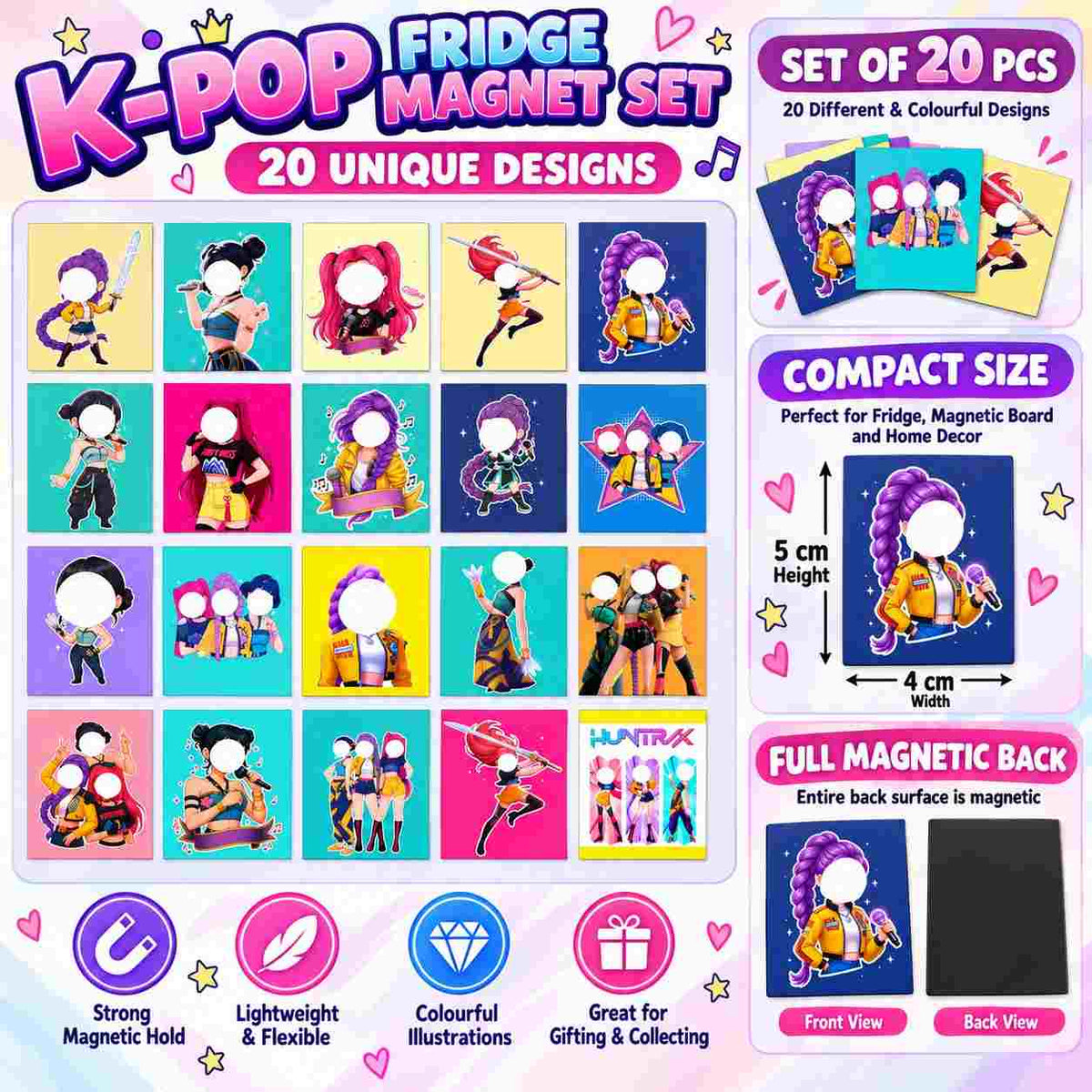 K POP Demon Hunters Kids Fridge Magnet Set, Refrigerator Magnets | Decorative Kitchen Magnets for Kids | Fun Collectible Gift & Home Décor (Pack of 20) 4x5 cm