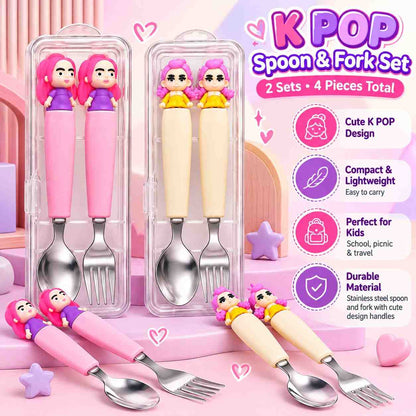 K POP Demon Hunters Spoon & Fork Set for Kids – 2 Sets, 4 Pieces with Cute Character Handles & Stainless Steel Cutlery