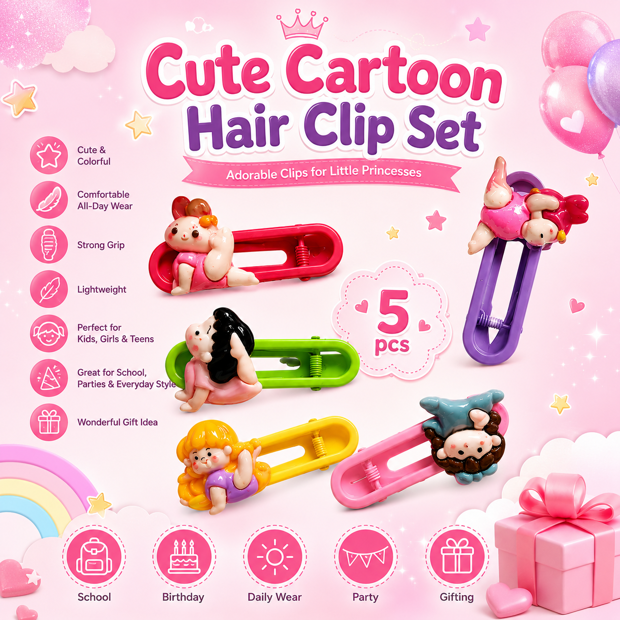 Cute Cartoon Character Hair Clip Set of 5 for Kids, Girls & Teens | Bunny, Angel, Black Hair Girl, Blonde Girl & Blue Hat Girl Snap Hair Clips
