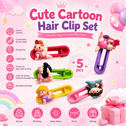 Cute Cartoon Character Hair Clip Set of 5 for Kids, Girls & Teens | Bunny, Angel, Black Hair Girl, Blonde Girl & Blue Hat Girl Snap Hair Clips