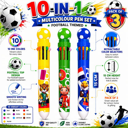 Football Theme 10-in-1 Multicolor Pen Set | 10 Color Retractable Ball Pen | Smooth Writing School Stationery | Pack of 3