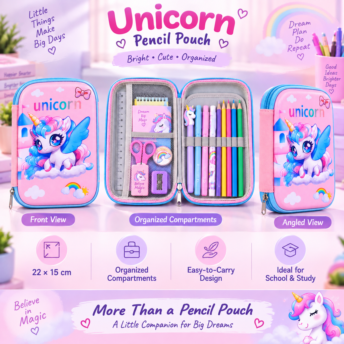 Unicorn Pencil Pouch for Girls – Pink Unicorn Pencil Case with Mesh Pocket & Pen Holders (Copy)