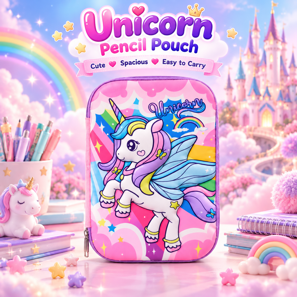 Unicorn Pencil Pouch for Girls – Pink Unicorn Pencil Case with Mesh Pocket & Pen Holders