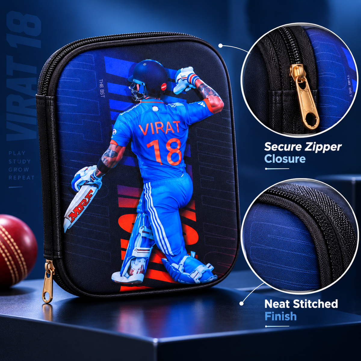 Virat 18 Cricket Pencil Pouch 22 x 15 cm | Pencil Case with Mesh Pocket & Elastic Holders